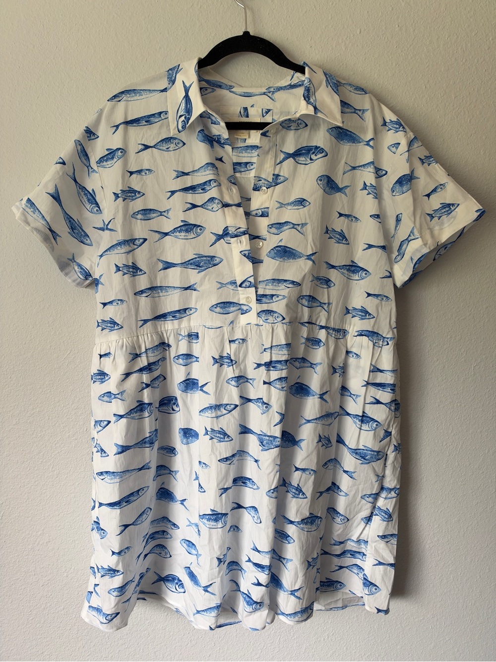 Maeve Blue Fish Print Blue White Sleeve Dress